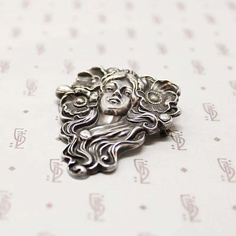 Exquisite Art Nouveau Repouss?? Silver Woman & Poppy Brooch