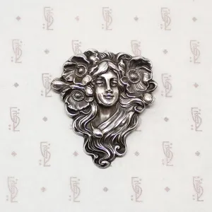 Exquisite Art Nouveau Repouss?? Silver Woman & Poppy Brooch