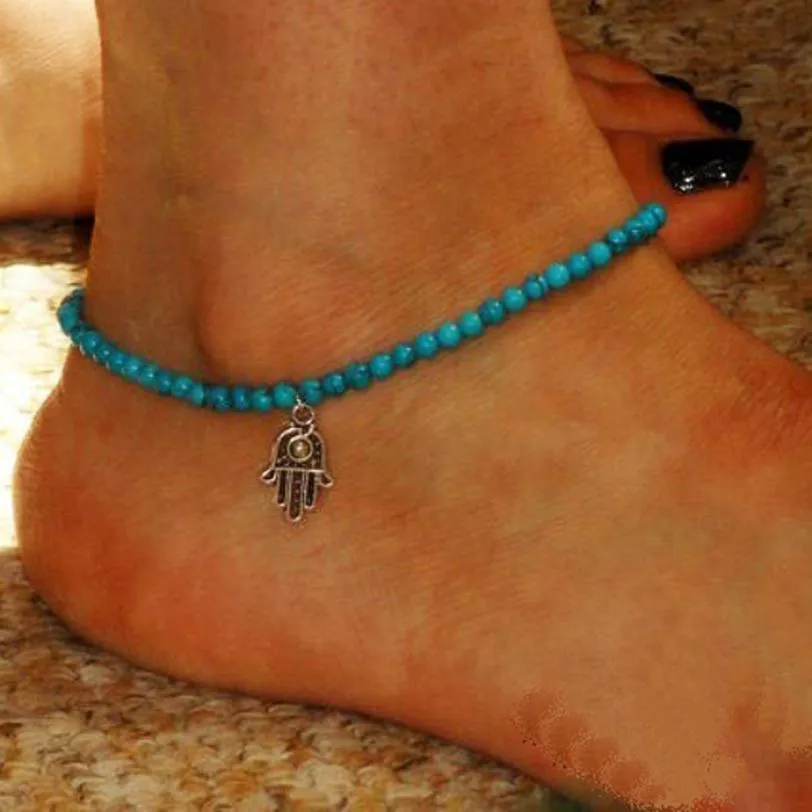 Fashion Anklet Boho Beads Hamsa Fatima Anklets Foot Chain Beach Jewelry Lucky Blue Flowers Foot Jewelry  Ankle Bracelet Jun12