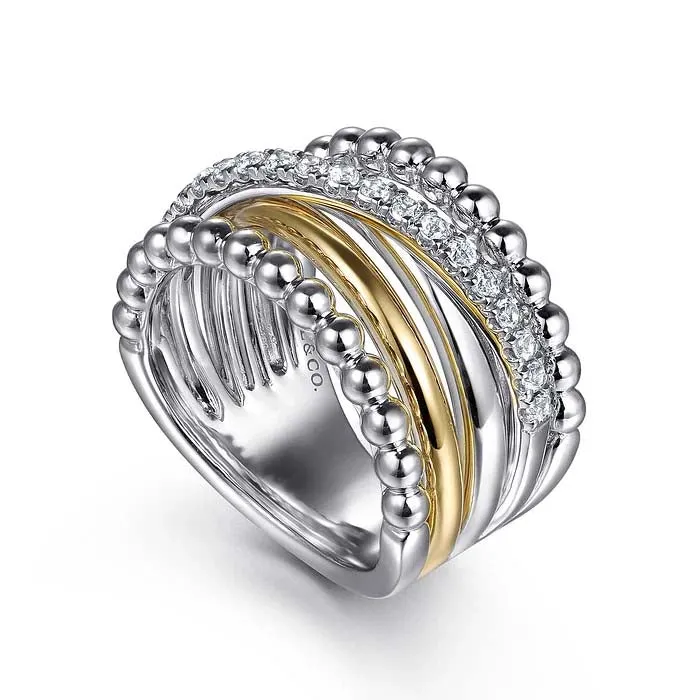 Gabriel & Co. Bujukan White Sapphire Wide Band Ring in Sterling Silver and 14K Yellow Gold