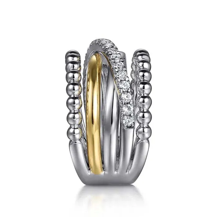 Gabriel & Co. Bujukan White Sapphire Wide Band Ring in Sterling Silver and 14K Yellow Gold