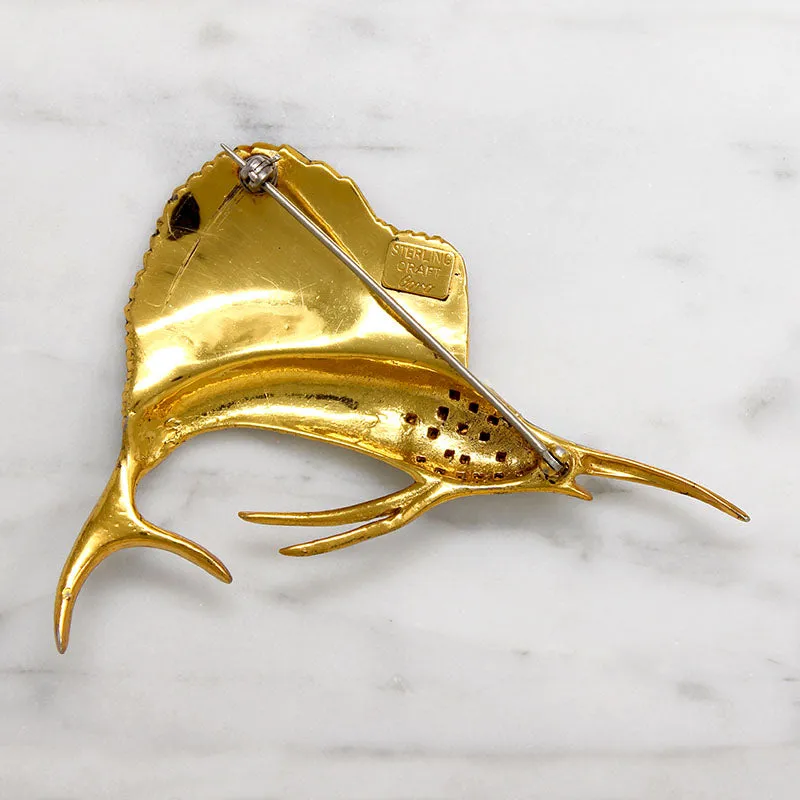 Gilded & Enameled Sterling Sailfish Brooch by Coro