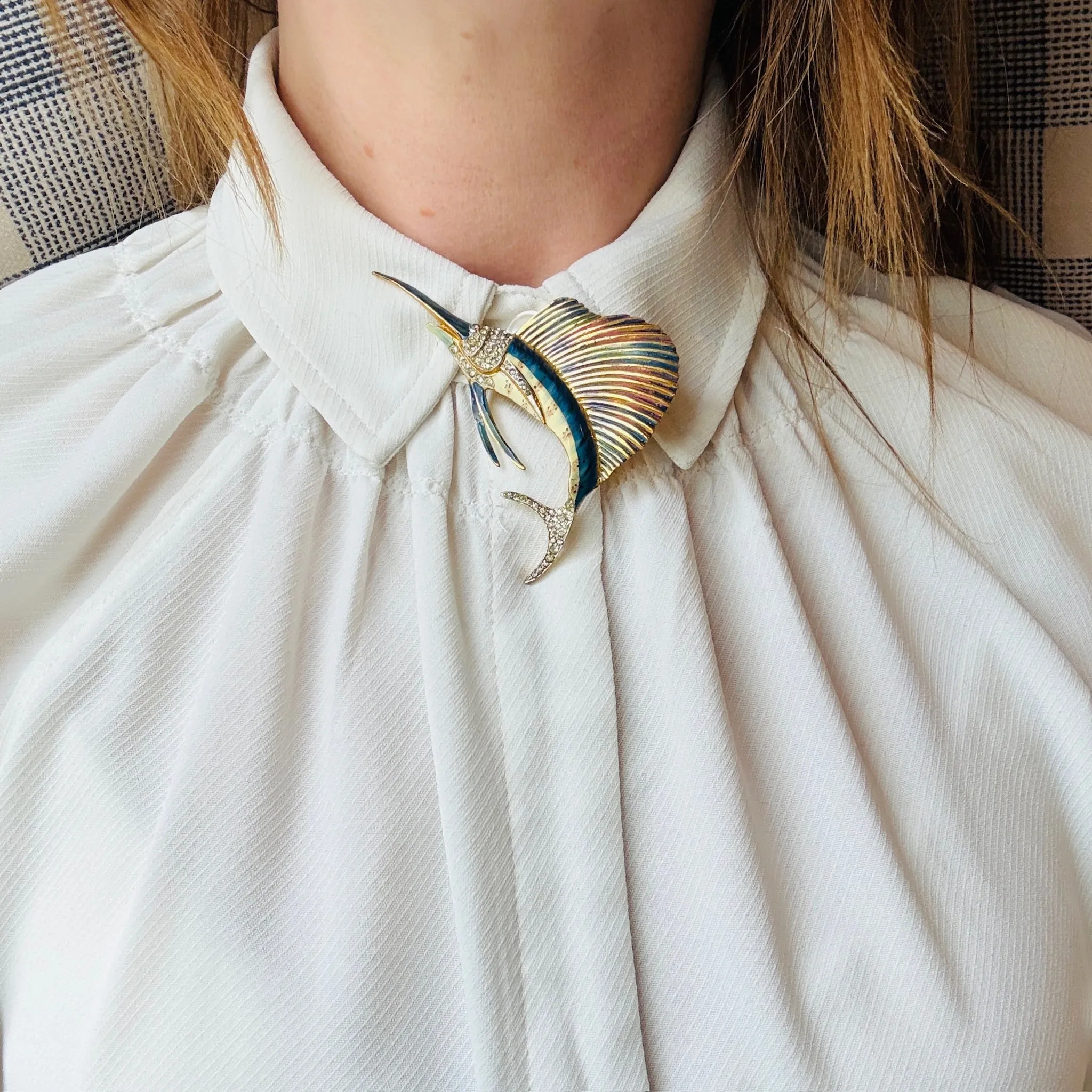 Gilded & Enameled Sterling Sailfish Brooch by Coro