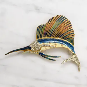 Gilded & Enameled Sterling Sailfish Brooch by Coro