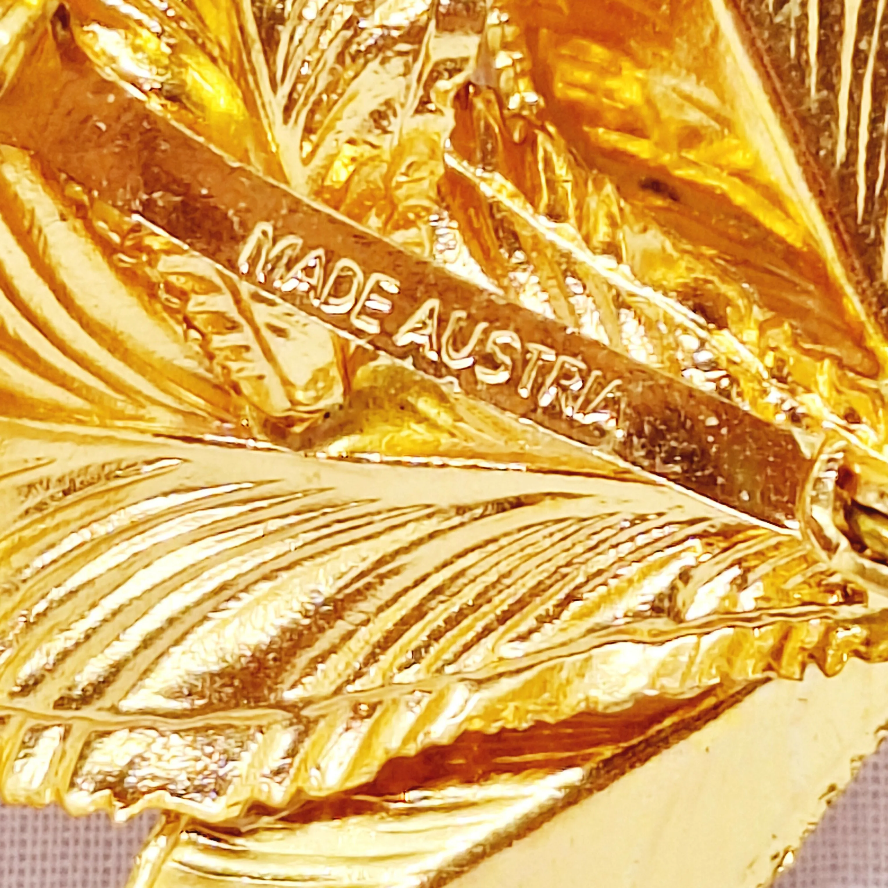 Gold Tone Enamel & Faux Amethyst Leaf Brooch