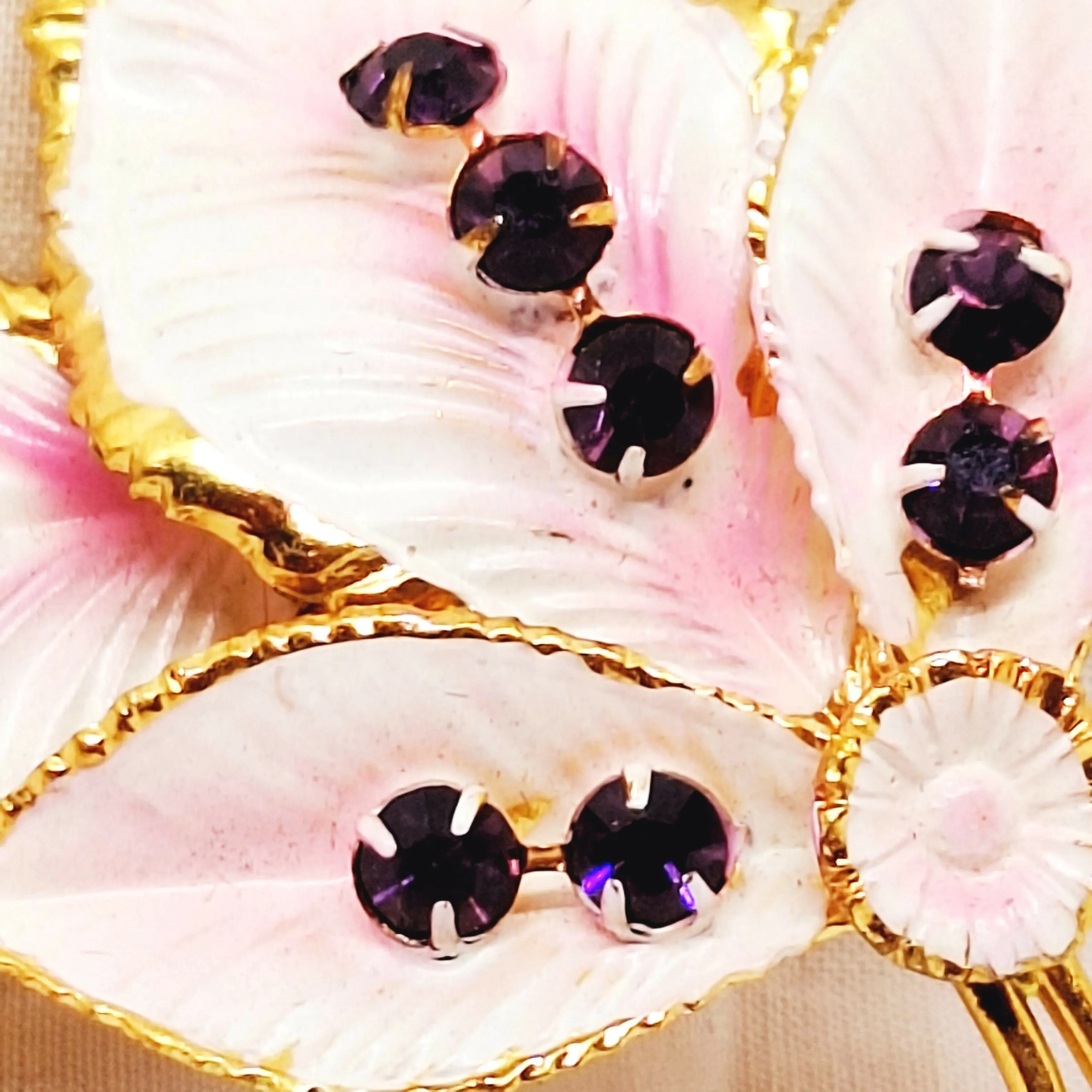 Gold Tone Enamel & Faux Amethyst Leaf Brooch