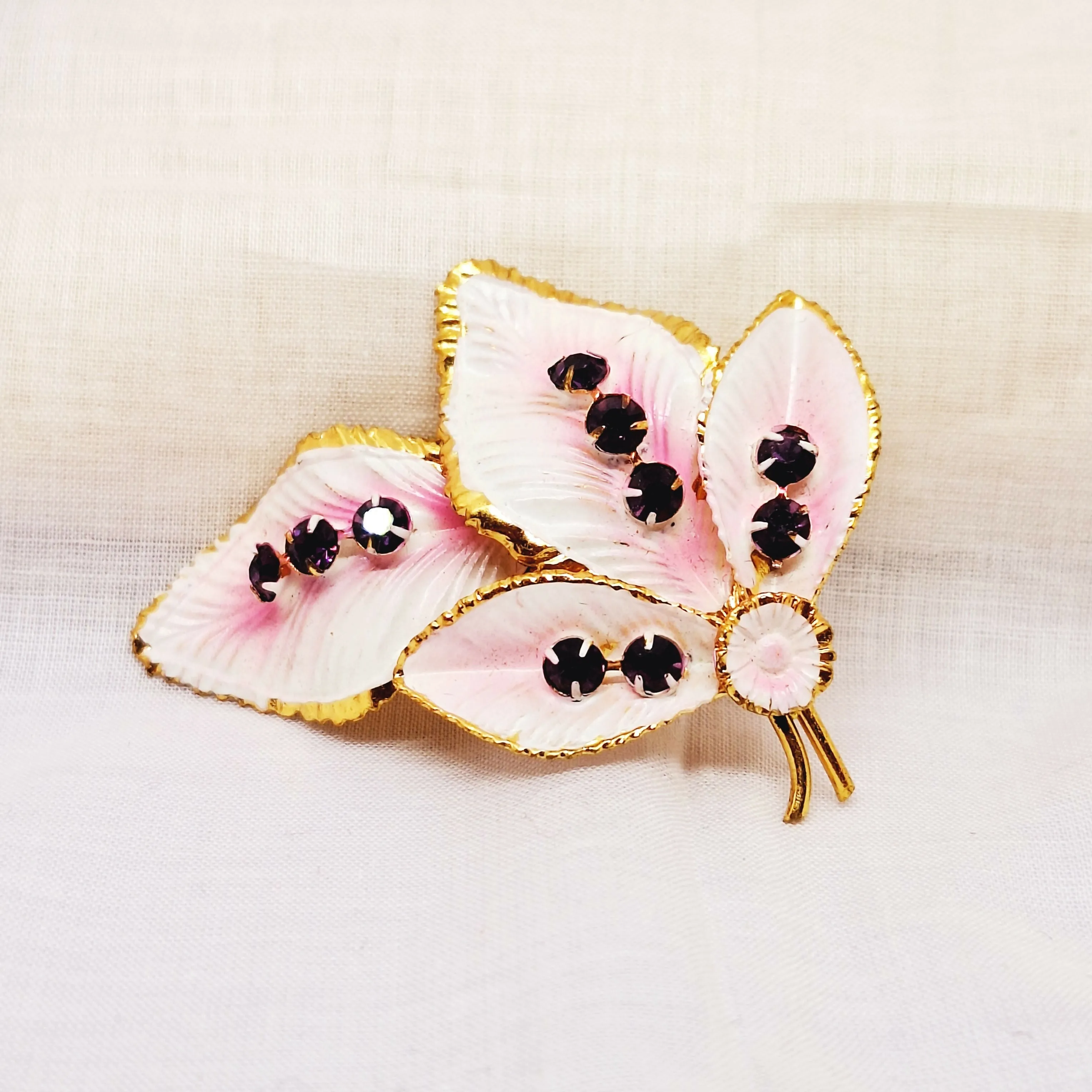 Gold Tone Enamel & Faux Amethyst Leaf Brooch