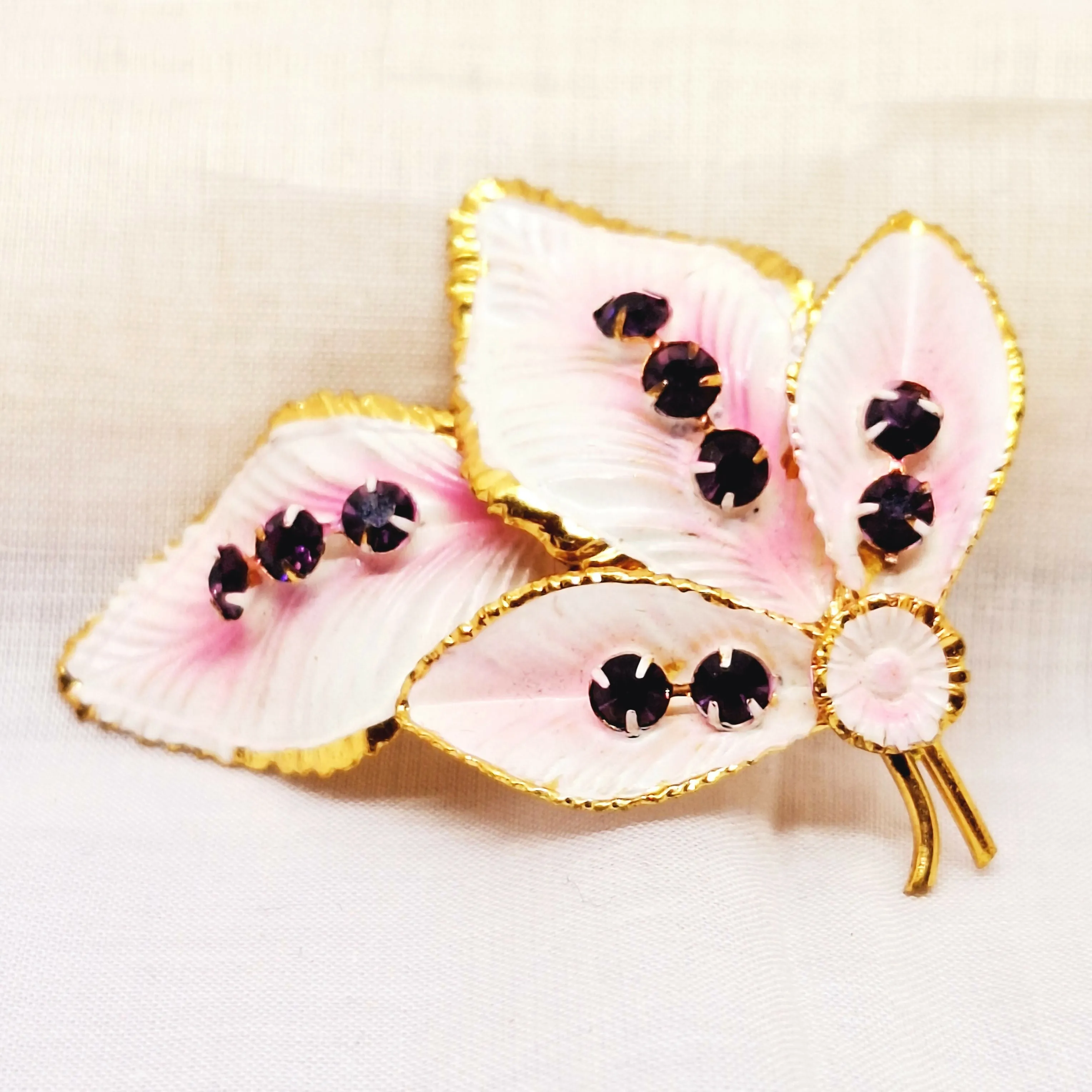 Gold Tone Enamel & Faux Amethyst Leaf Brooch