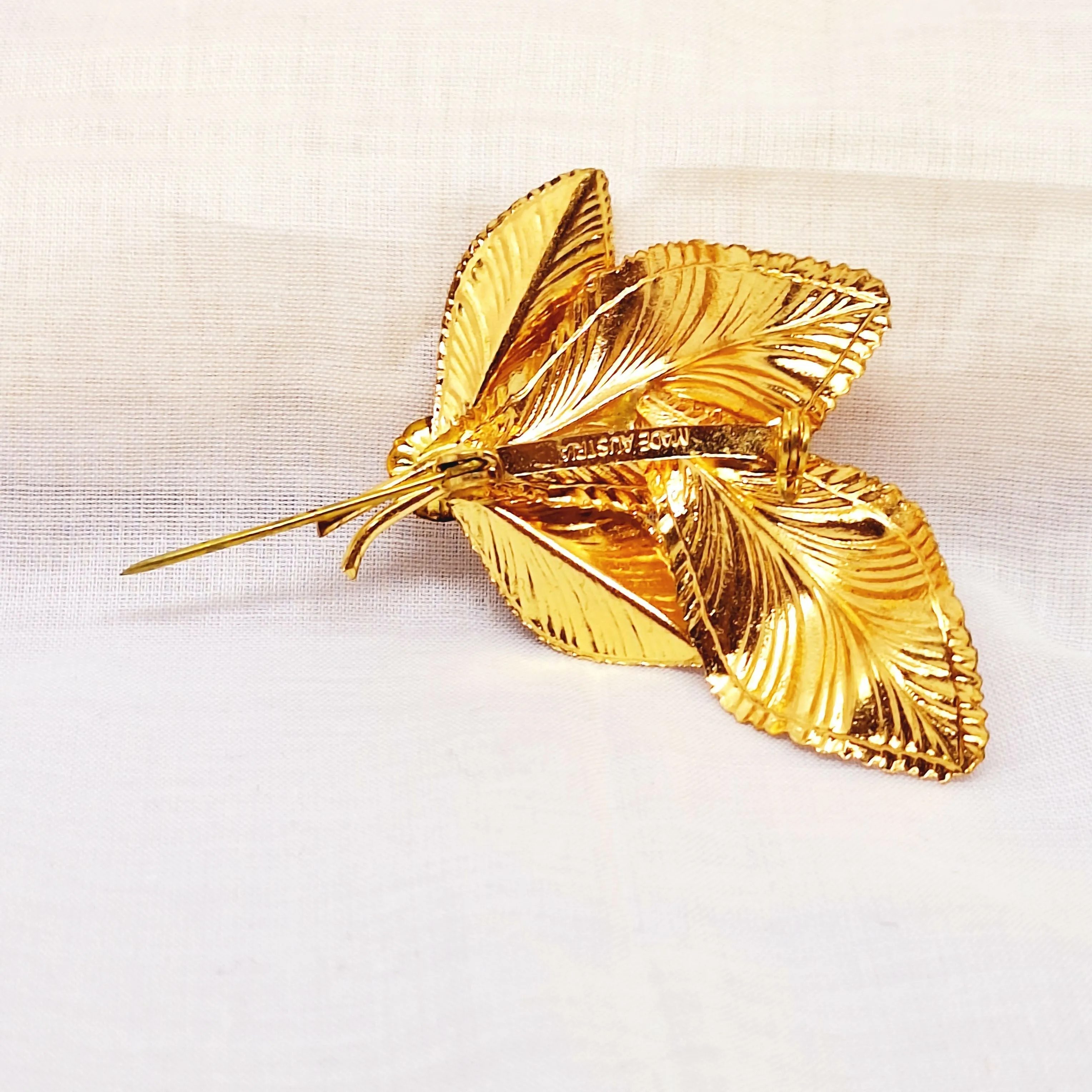 Gold Tone Enamel & Faux Amethyst Leaf Brooch