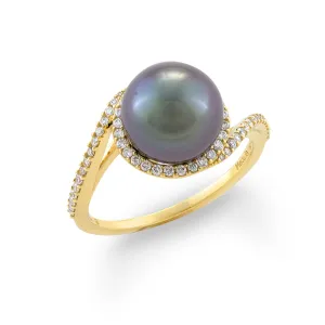Halo Bypass Tahitian Black Pearl Ring in Gold with Diamonds - 9-10mm