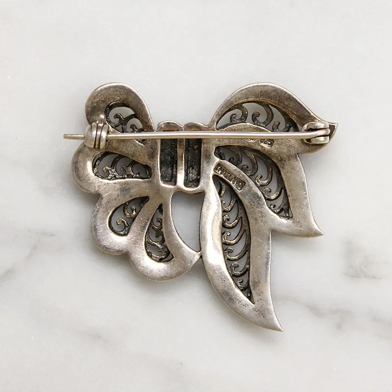 Jaunty 1980s Sterling & Marcasite Bow Brooch