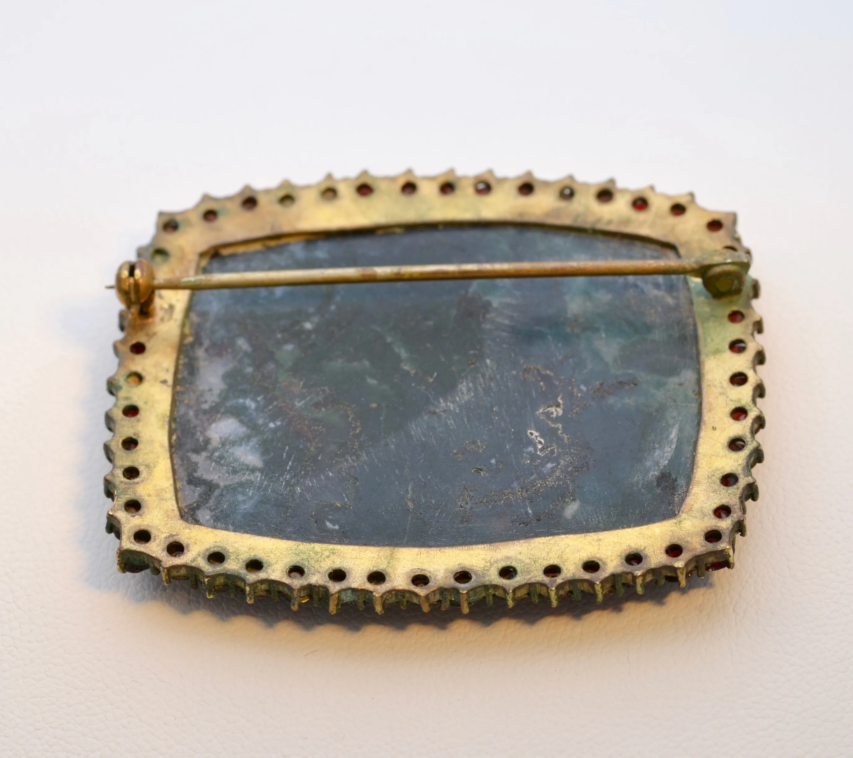 Large Bohemian Garnet Brooch with deep green Moss Agate
