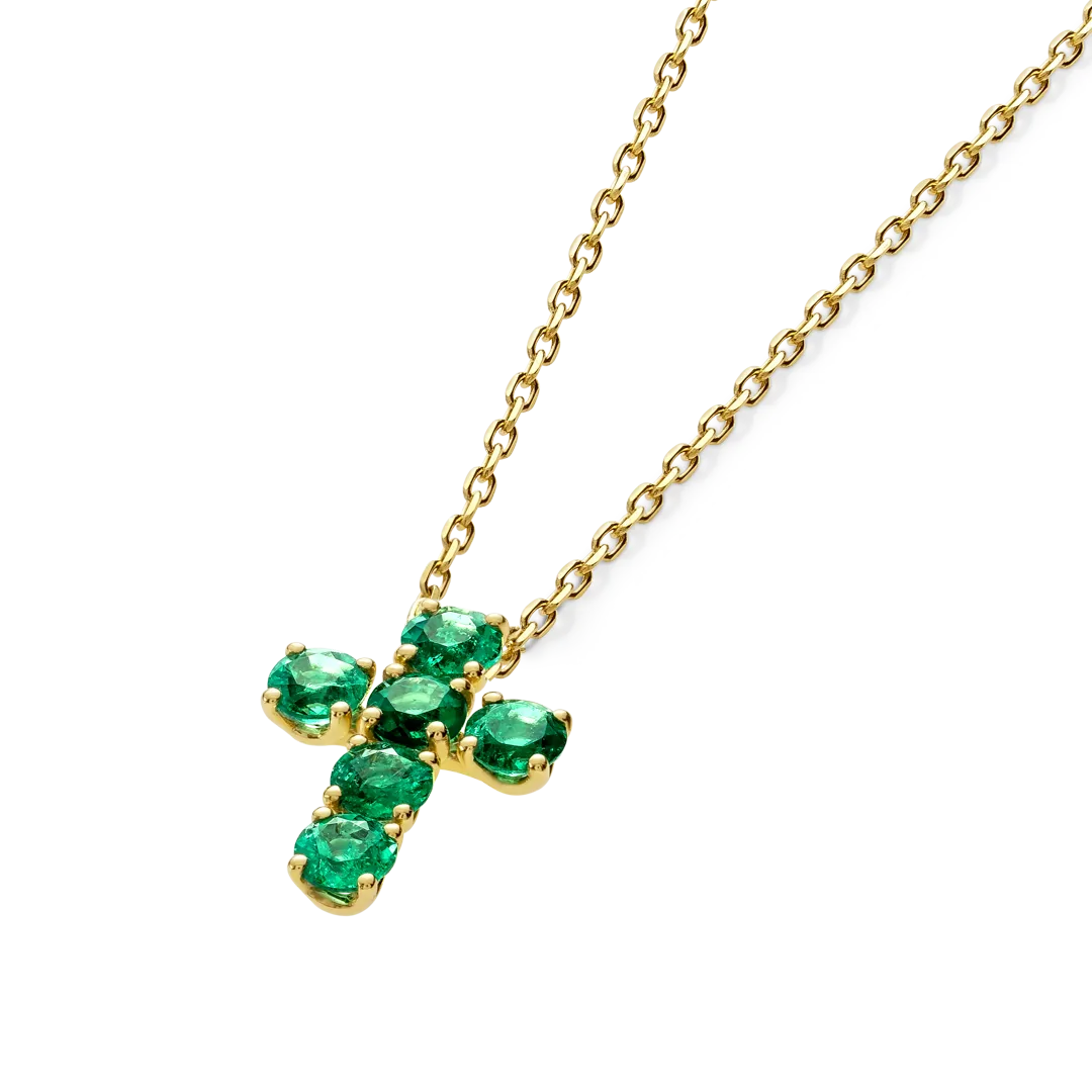 Large Green Emerald Cross Pendant Yellow Gold