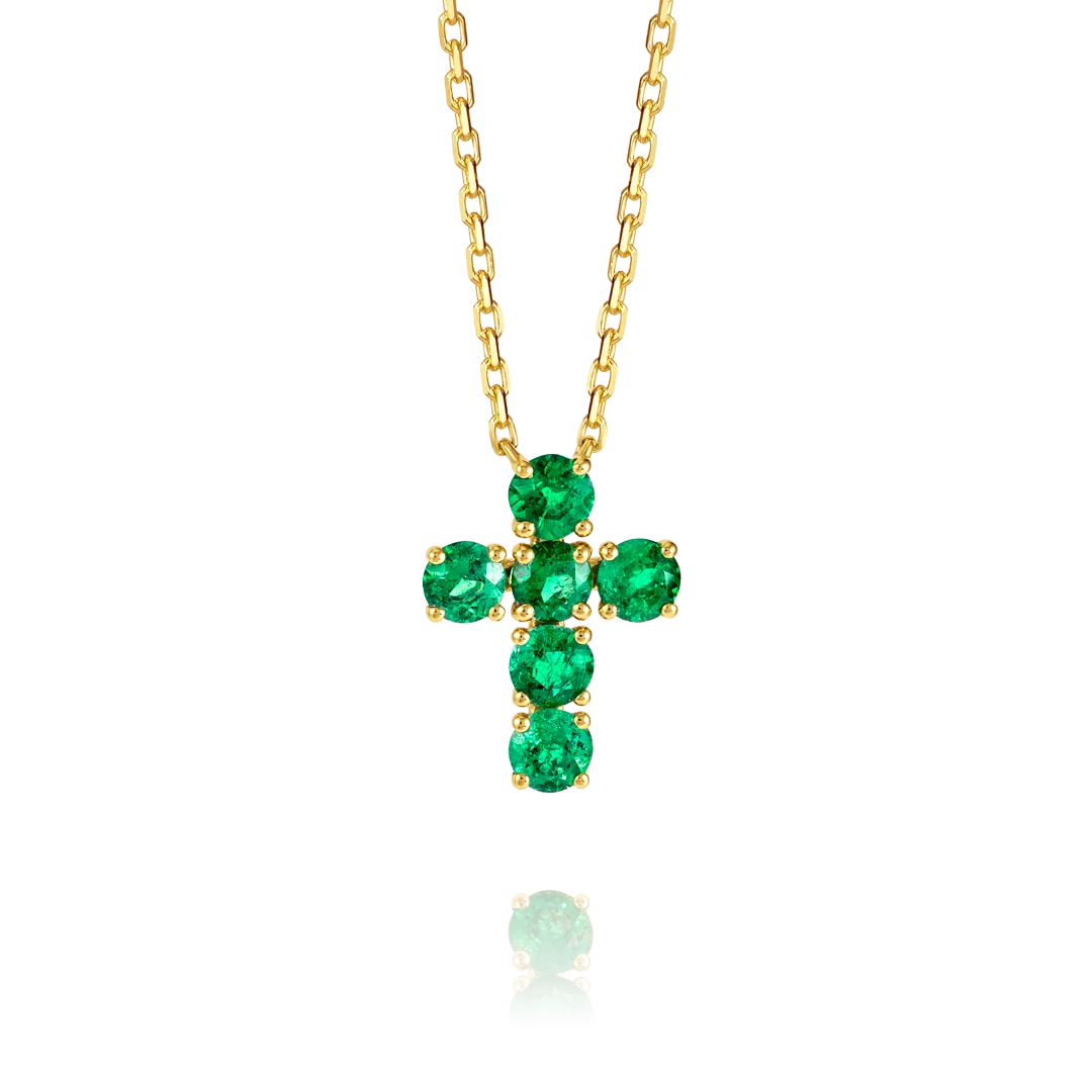 Large Green Emerald Cross Pendant Yellow Gold
