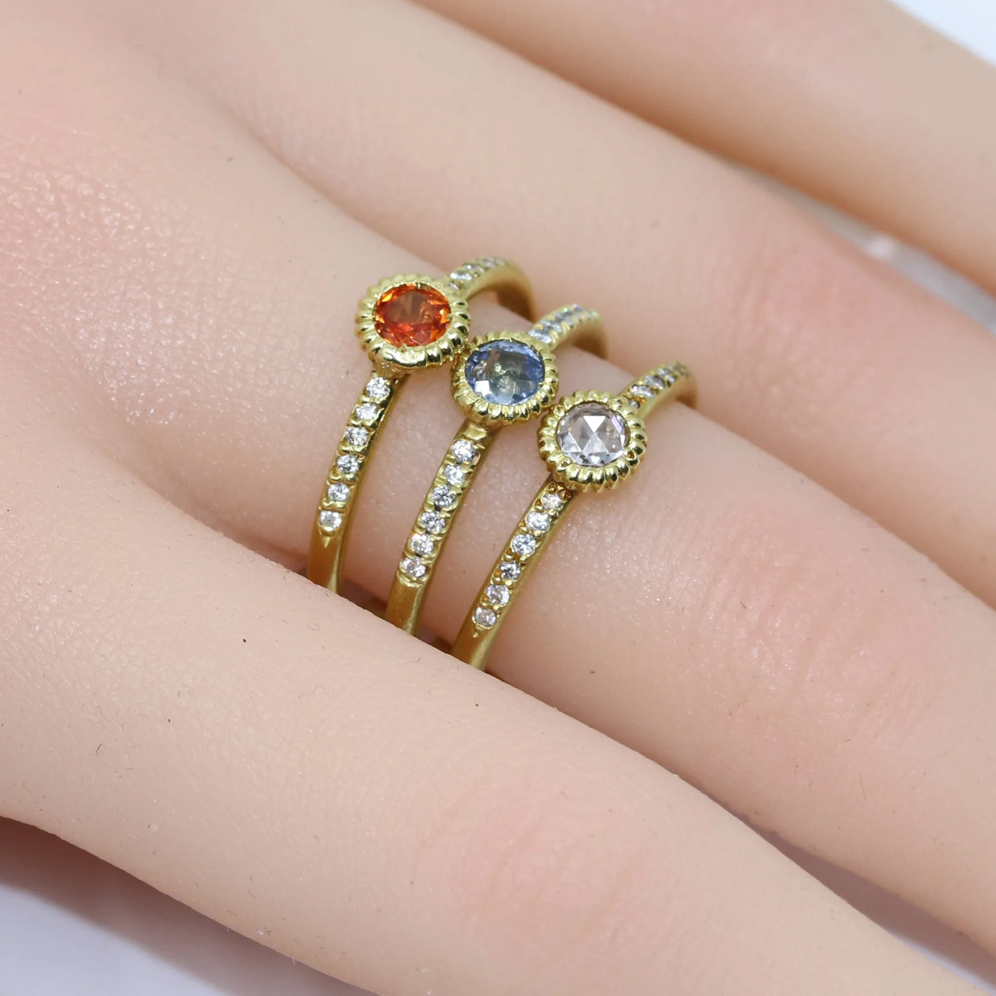 Lauren K. White Diamond Blue   Orange Sapphire Gold Stacking Ring Set