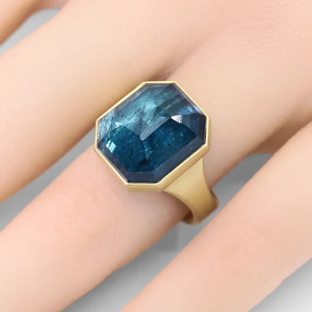 Lola Brooks 13.53 carat Deep Blue Indicolite Tourmaline Octagon Gold Ring