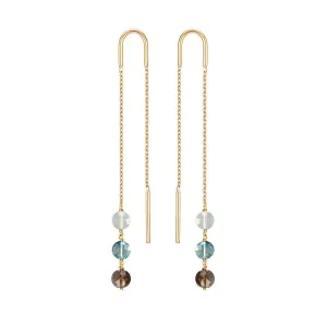 Long Trio Threader Earrings 18k gold Blue Topaz Moonstone Smoky Quartz