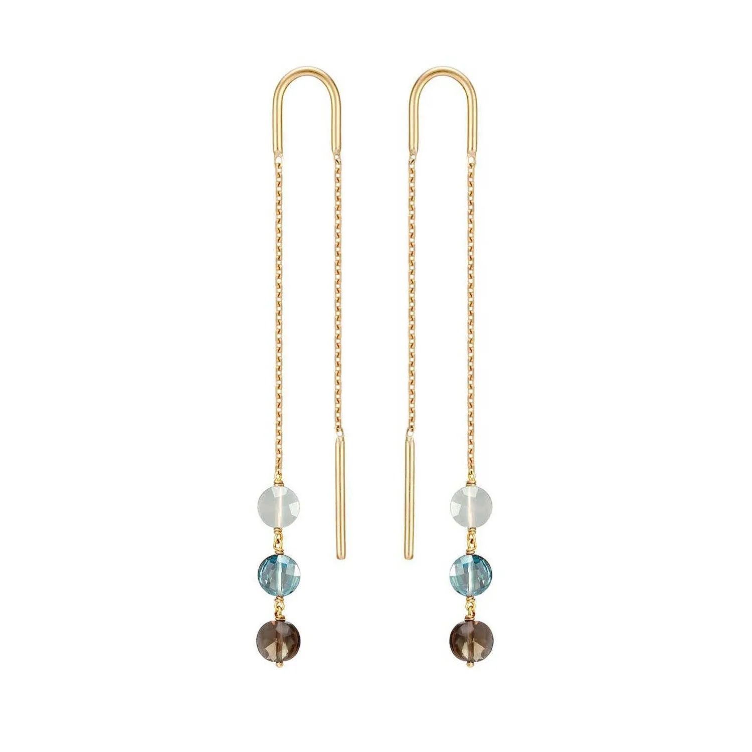 Long Trio Threader Earrings 18k gold Blue Topaz Moonstone Smoky Quartz