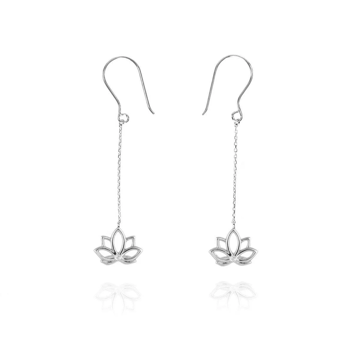 Lotus One Diamond Long Earrings 9k White Gold