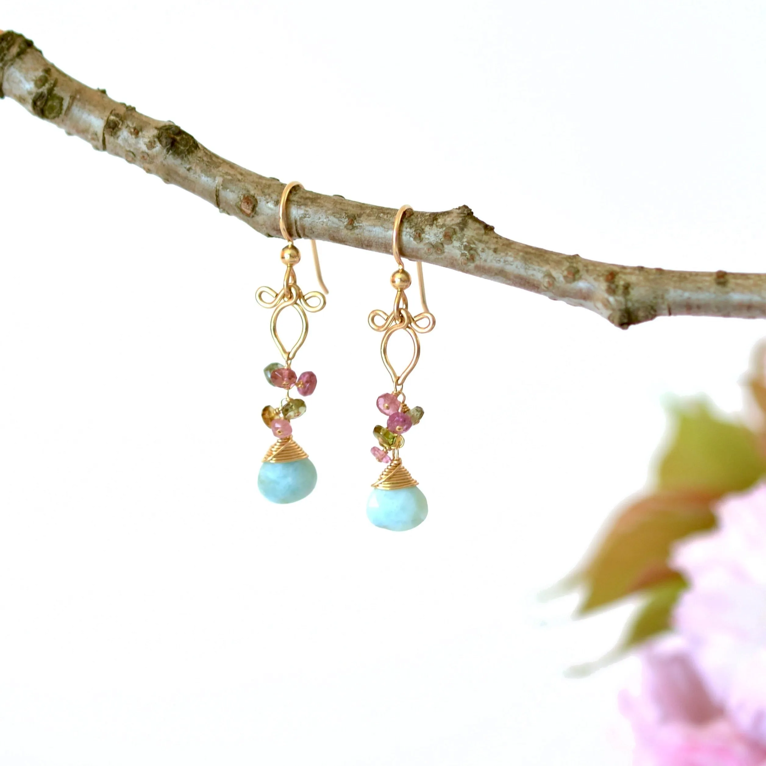 Magdalena - Larimar, Tourmalines, 14k Gold Filled Earrings