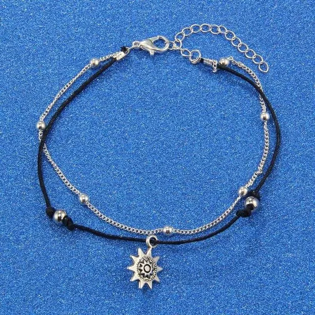 MINHIN Multi Layer Boho Anklets For Women Fashion Sun Pendent Silver Anklet Handmade Chain Anklets Foot Jewelry 2 Pcs