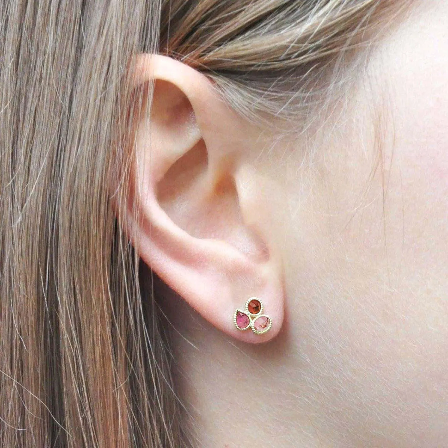 Mosaik Ear Stud Tourmaline, Garnet - 18k Gold