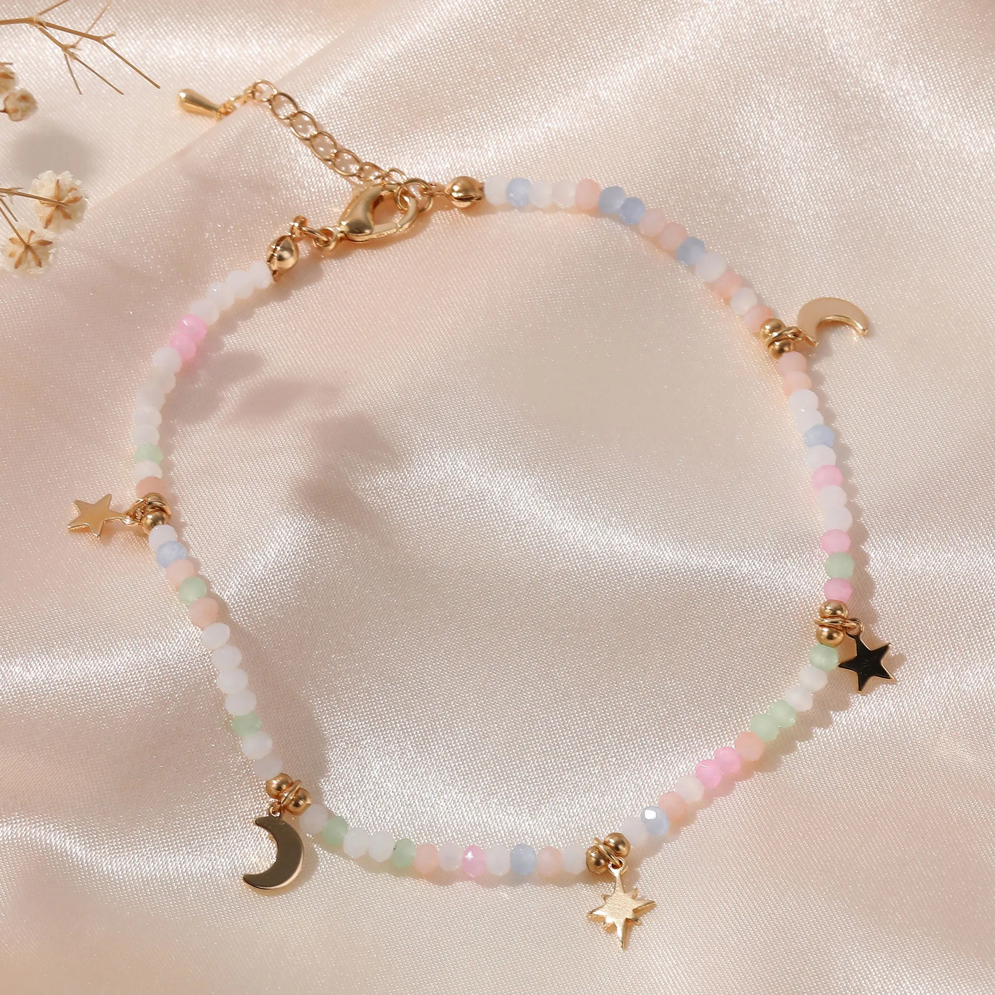 Multicolor Faceted Beads Anklet with Gold Moon & Stars - Elegant & Charming Jewelry for Women