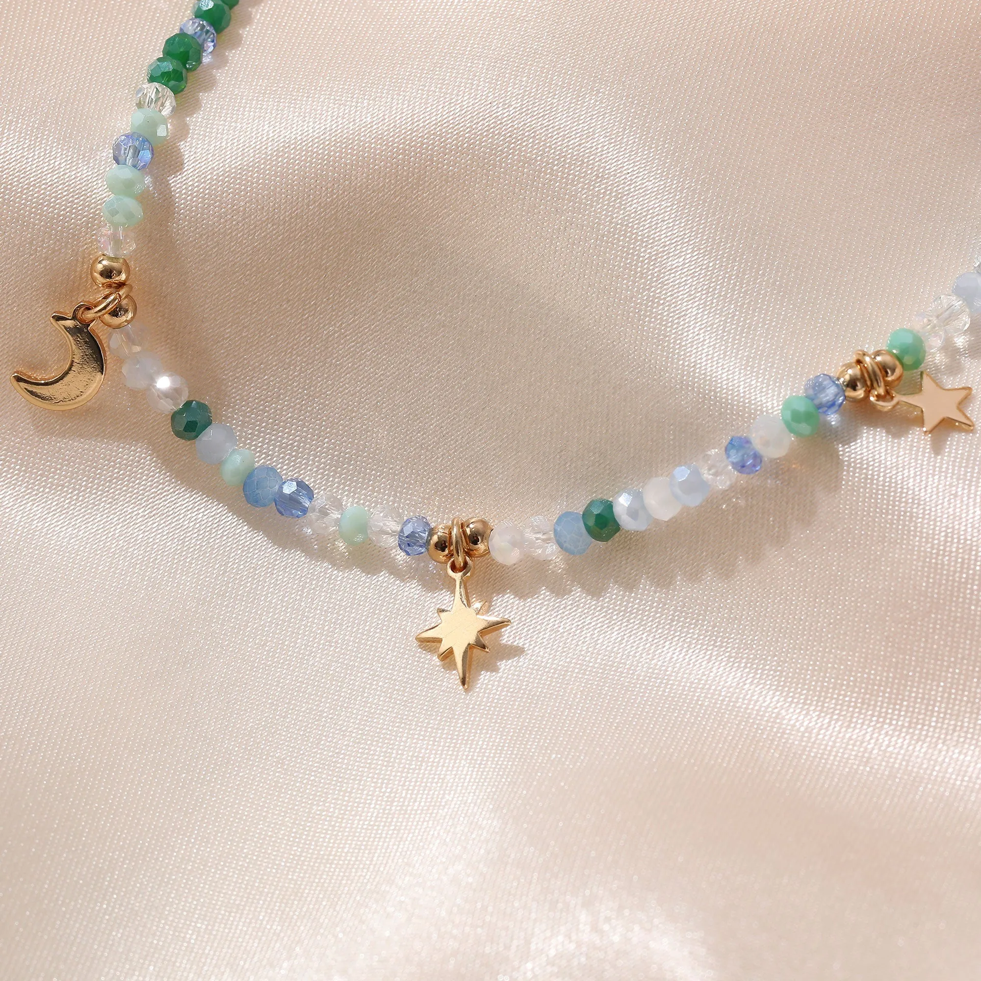 Multicolor Faceted Beads Anklet with Gold Moon & Stars - Elegant & Charming Jewelry for Women
