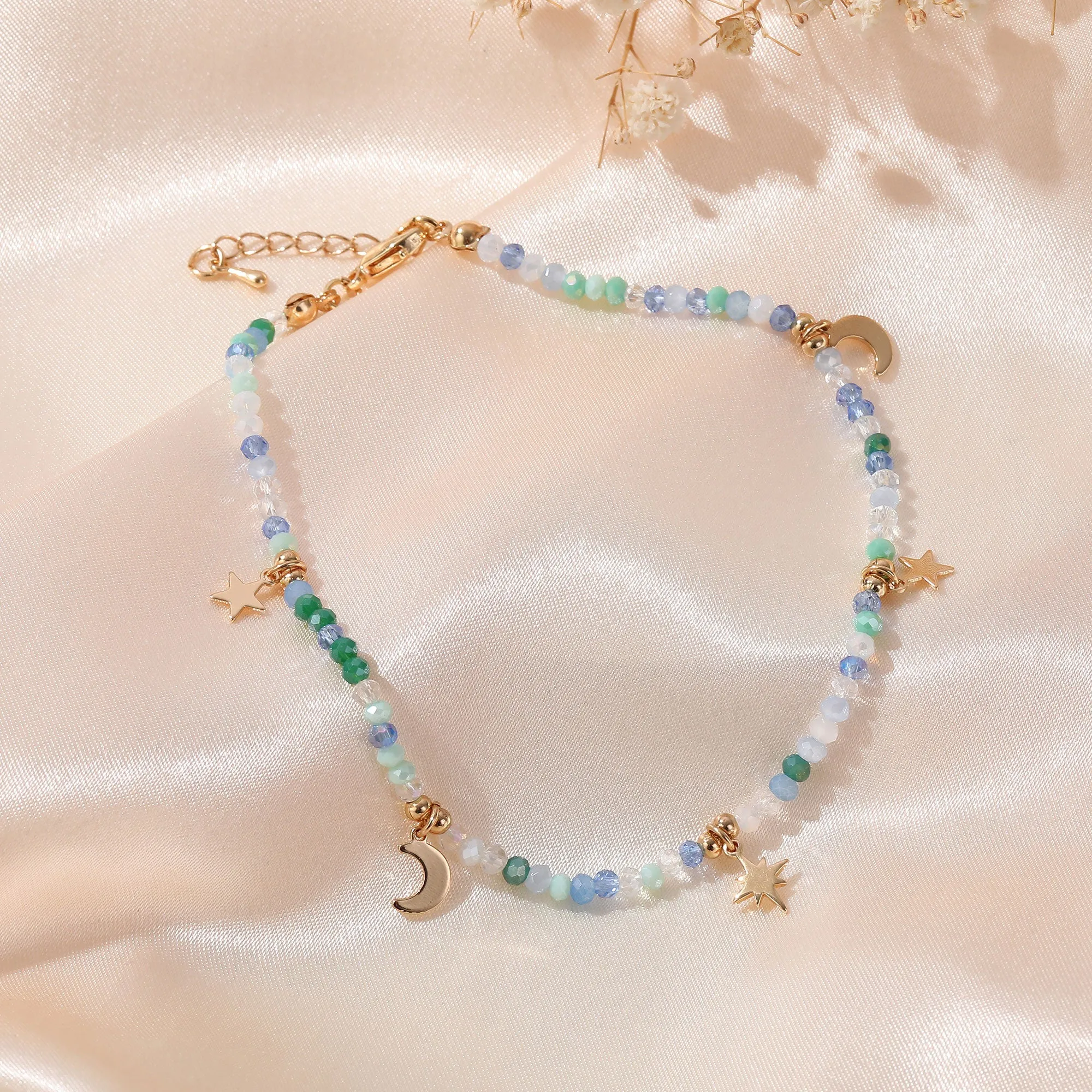Multicolor Faceted Beads Anklet with Gold Moon & Stars - Elegant & Charming Jewelry for Women