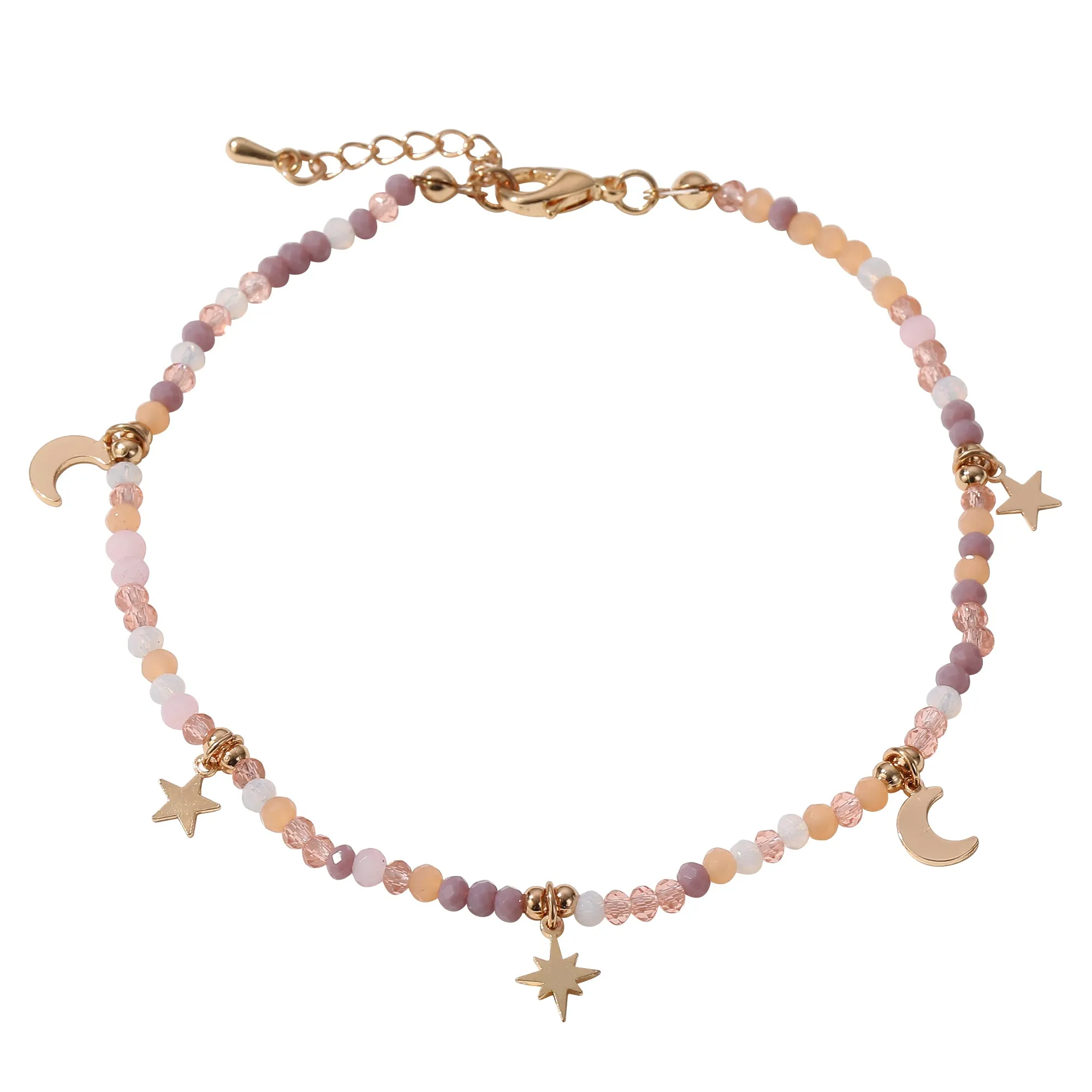 Multicolor Faceted Beads Anklet with Gold Moon & Stars - Elegant & Charming Jewelry for Women