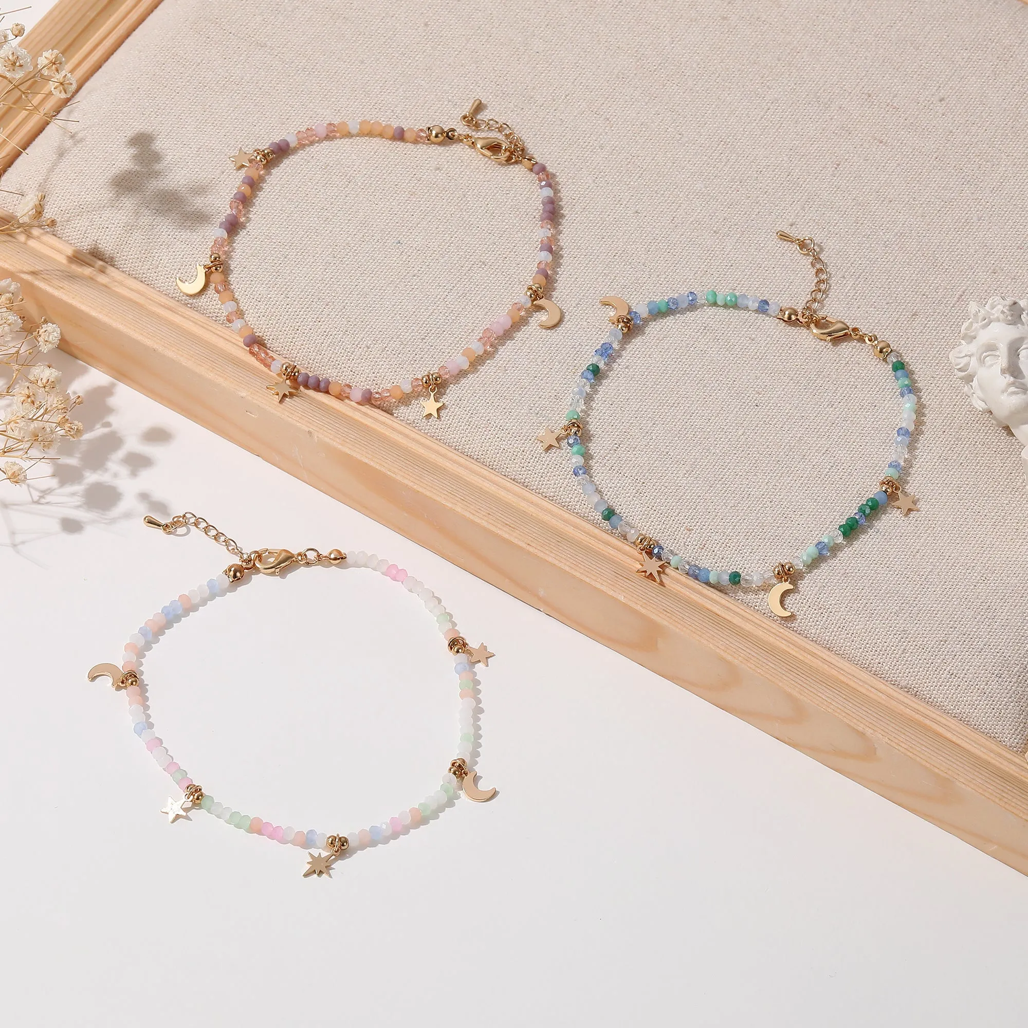 Multicolor Faceted Beads Anklet with Gold Moon & Stars - Elegant & Charming Jewelry for Women