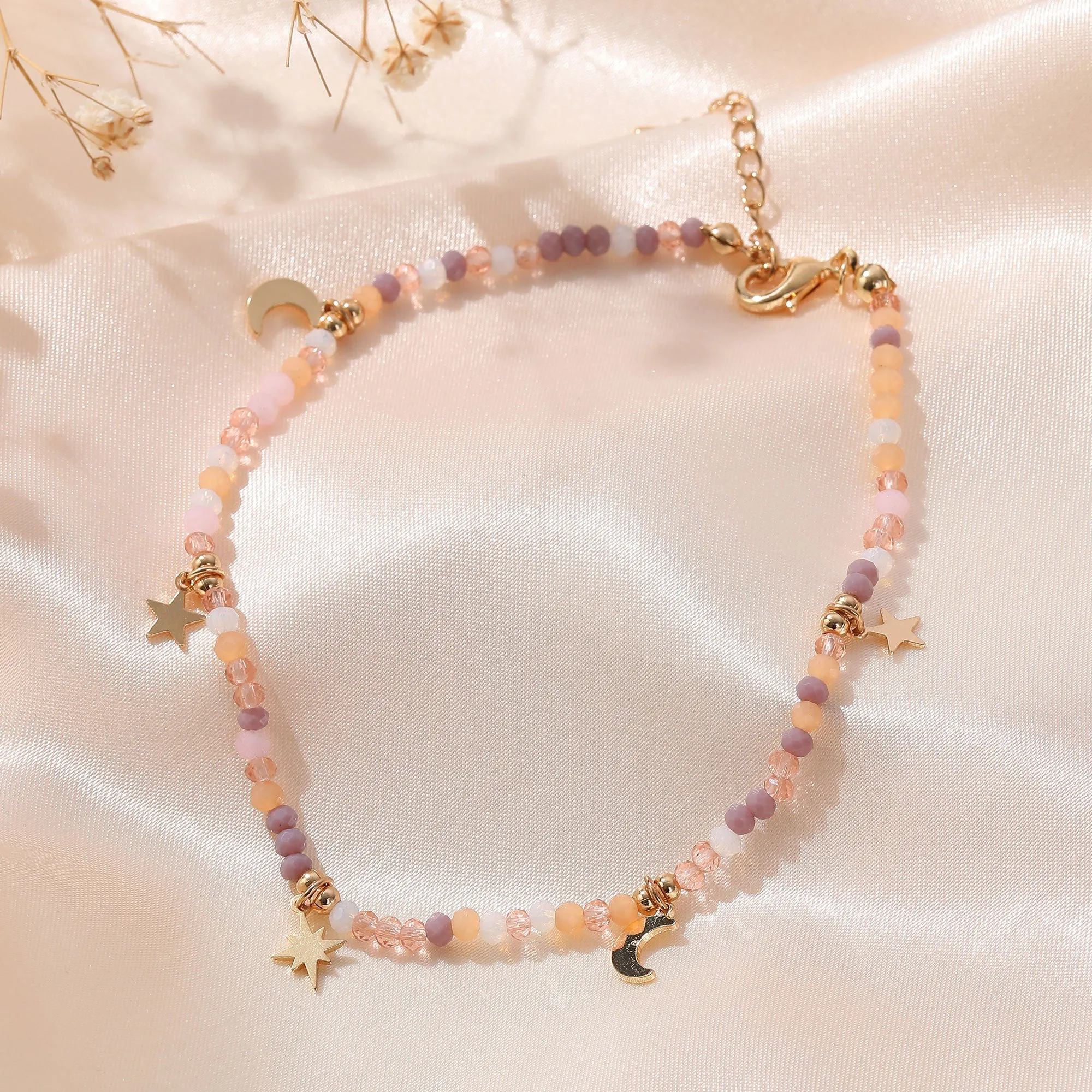 Multicolor Faceted Beads Anklet with Gold Moon & Stars - Elegant & Charming Jewelry for Women