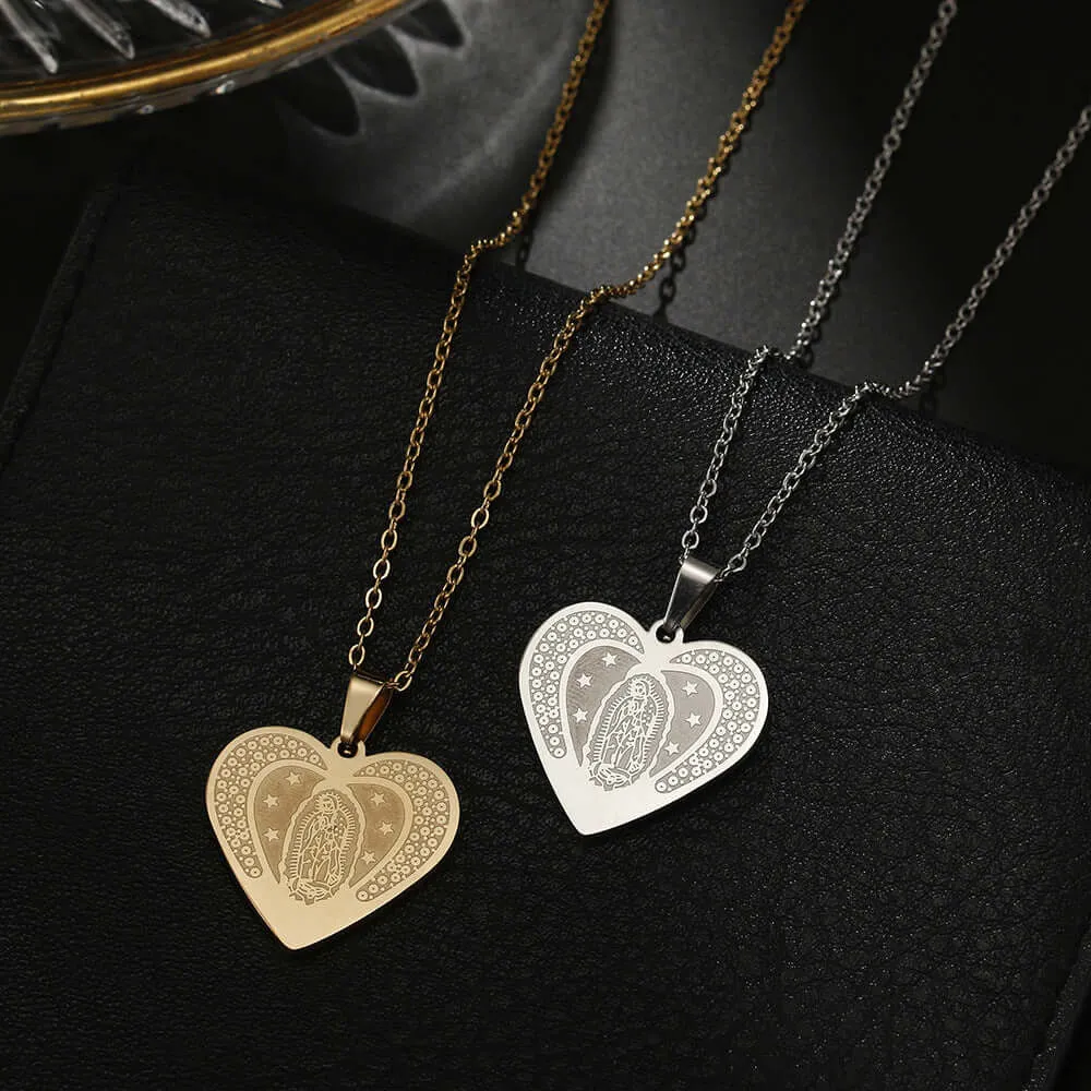 Peach Heart Virgin Mary of God Virgencita Necklace