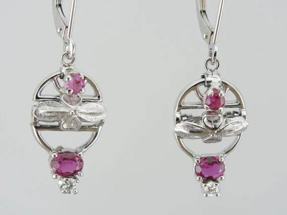 Platinum and Ruby Retro Era Drop Earrings