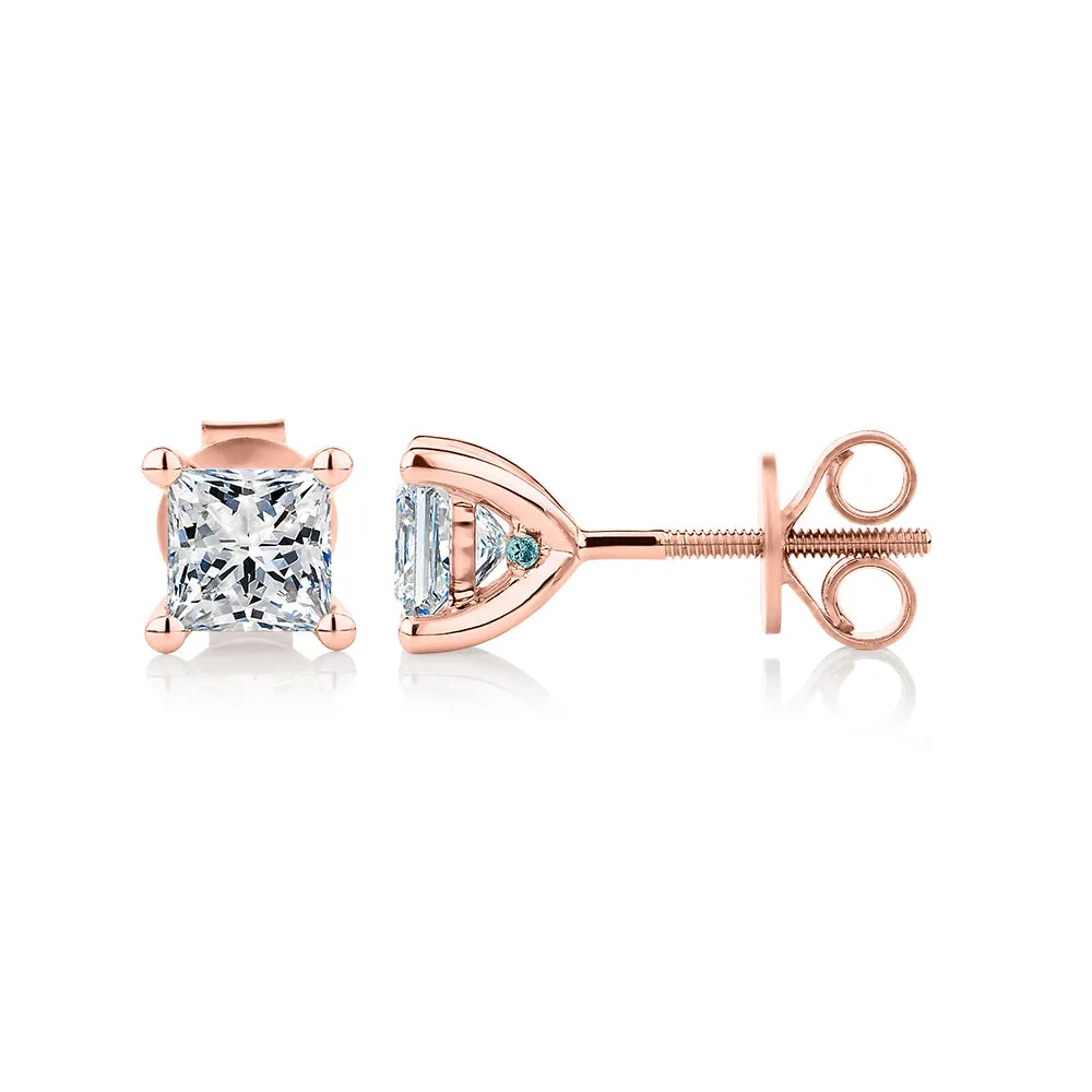 Premium Lab-Grown Diamond, 1.40 carat TW princess cut stud earrings in 14 carat rose gold