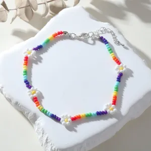 Rainbow Beaded Anklet with White Daisy Accents ?C Adjustable Summer Jewelry