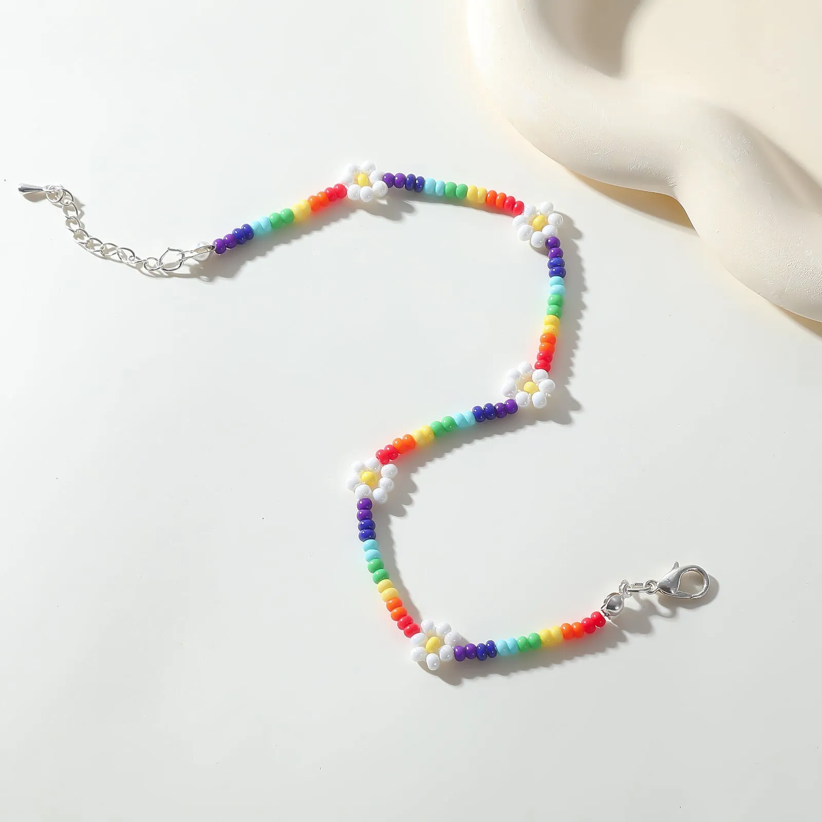 Rainbow Beaded Anklet with White Daisy Accents ?C Adjustable Summer Jewelry
