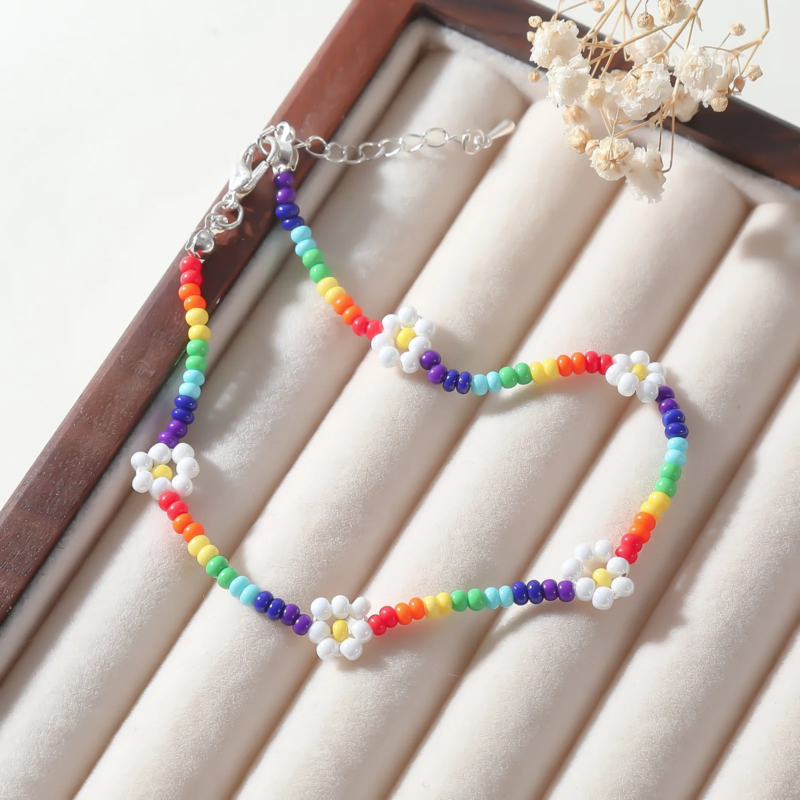 Rainbow Beaded Anklet with White Daisy Accents ?C Adjustable Summer Jewelry