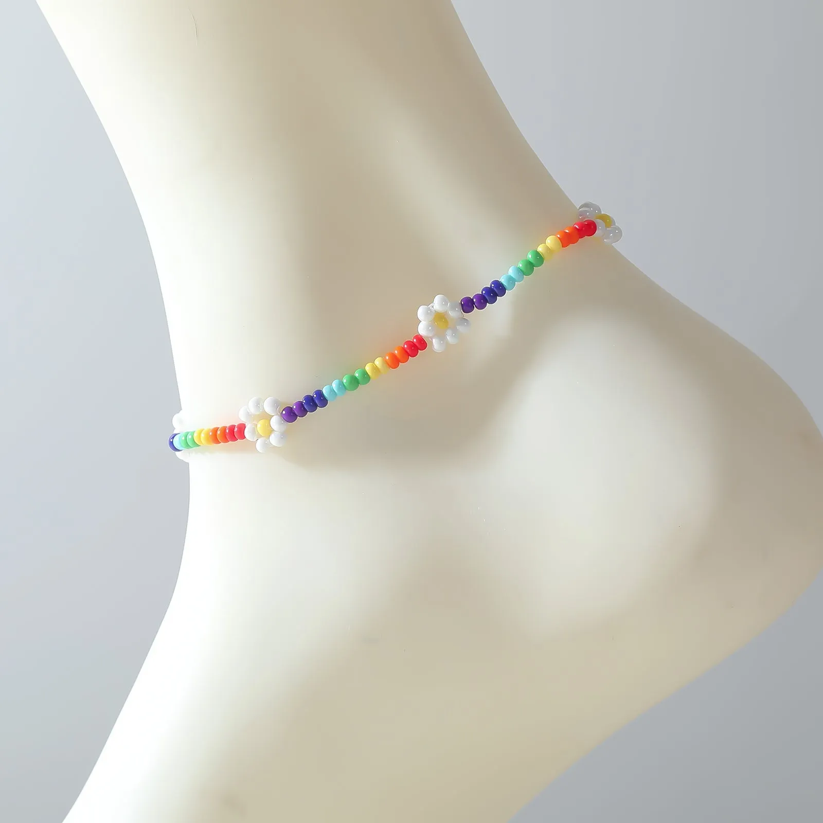 Rainbow Beaded Anklet with White Daisy Accents ?C Adjustable Summer Jewelry