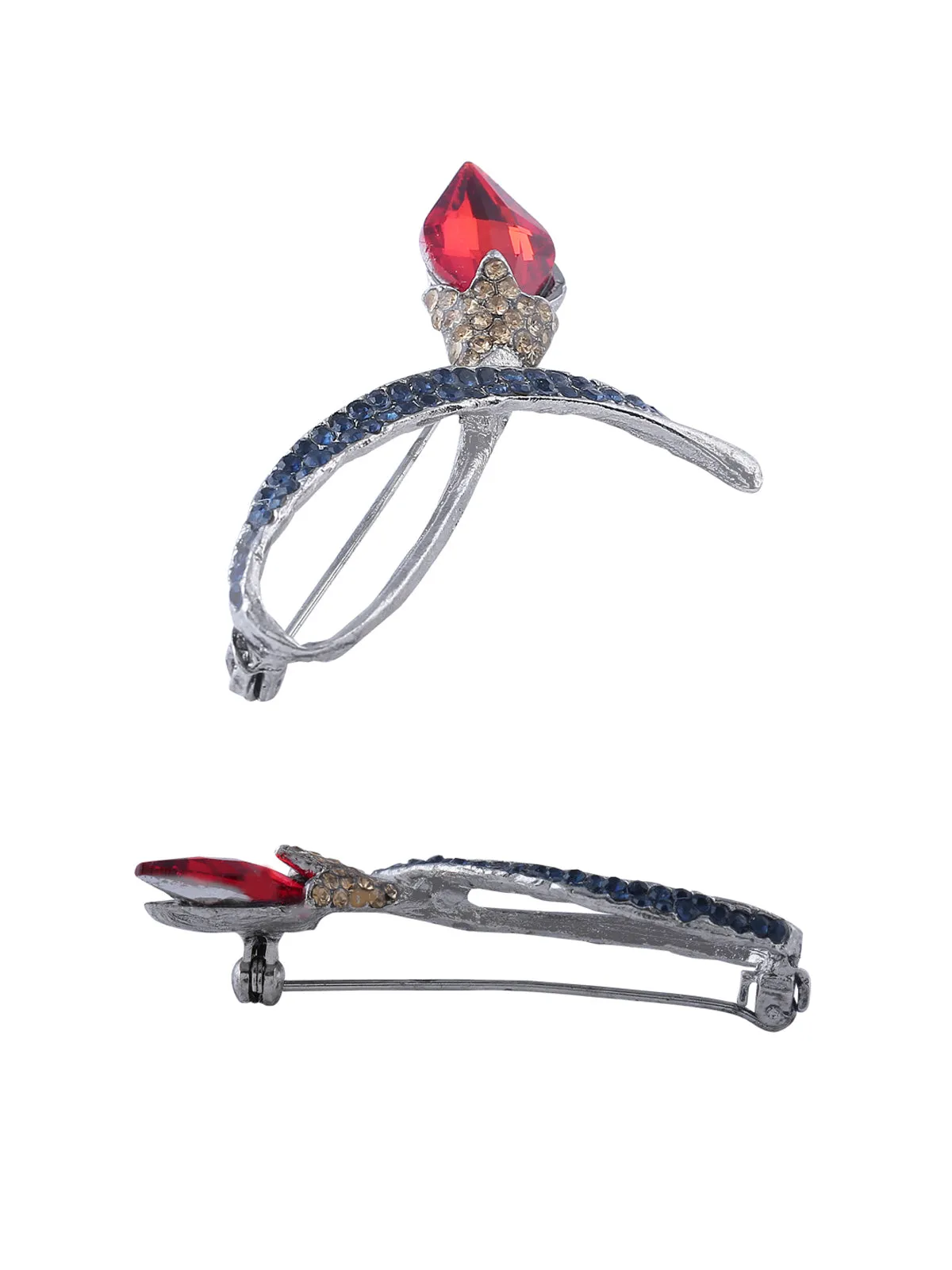 Red Rose Diamond Flower Silver Brooch Pin