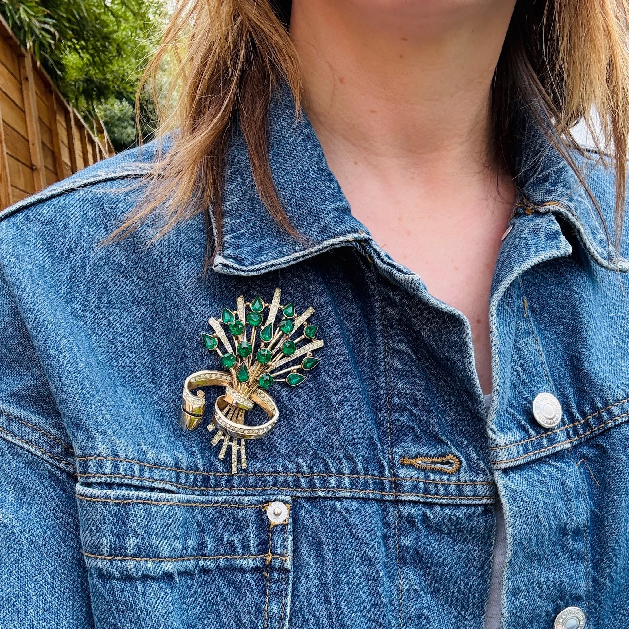 Retro Green Rhinestone & Sterling Corsage Brooch by Coro