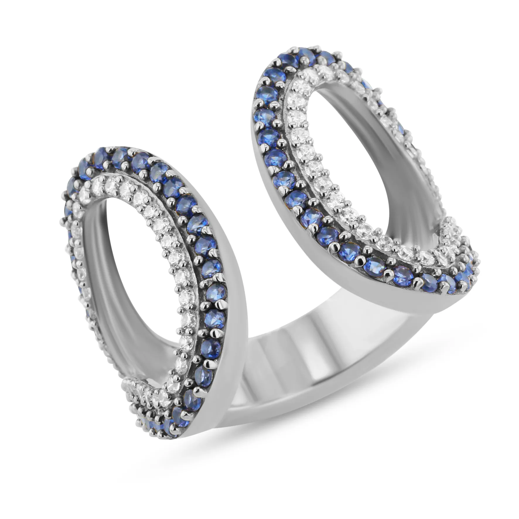 Rhodium-plated 925 silver ring assembled with blue spinel and zirconium oxide