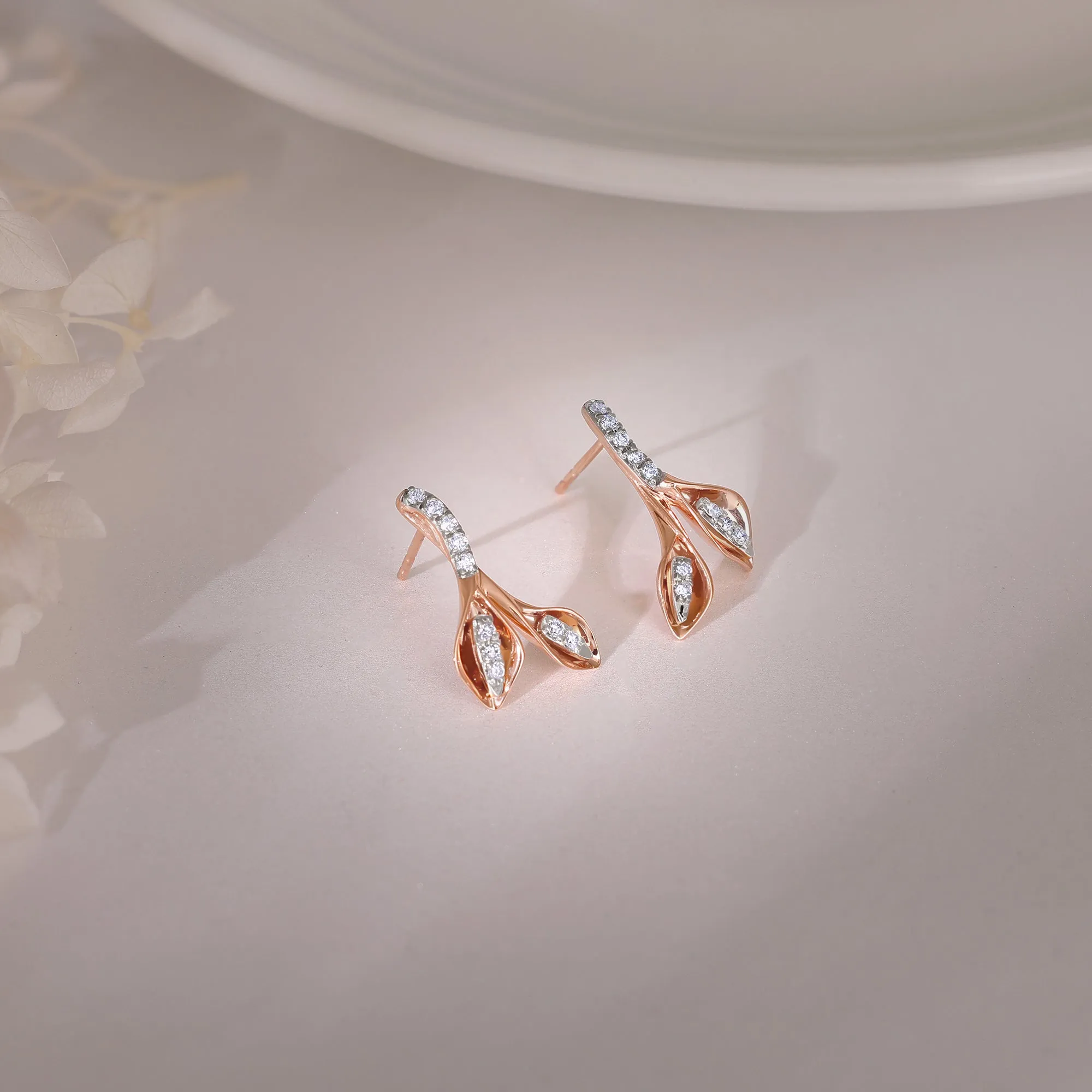 Rose Gold Leafy Flare Diamond Earrings
