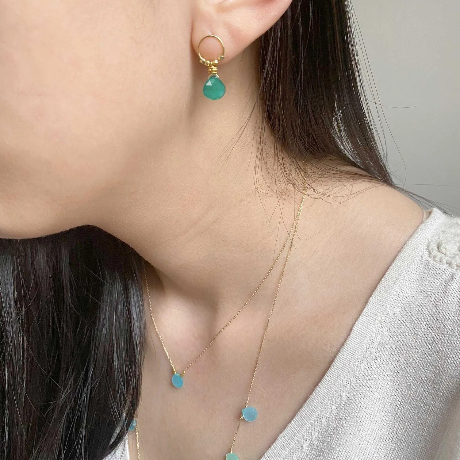 Satellite Drop Earrings Green Agate - 18k Gold