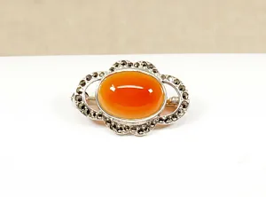 Silver Carnelian and Marcasite Brooch