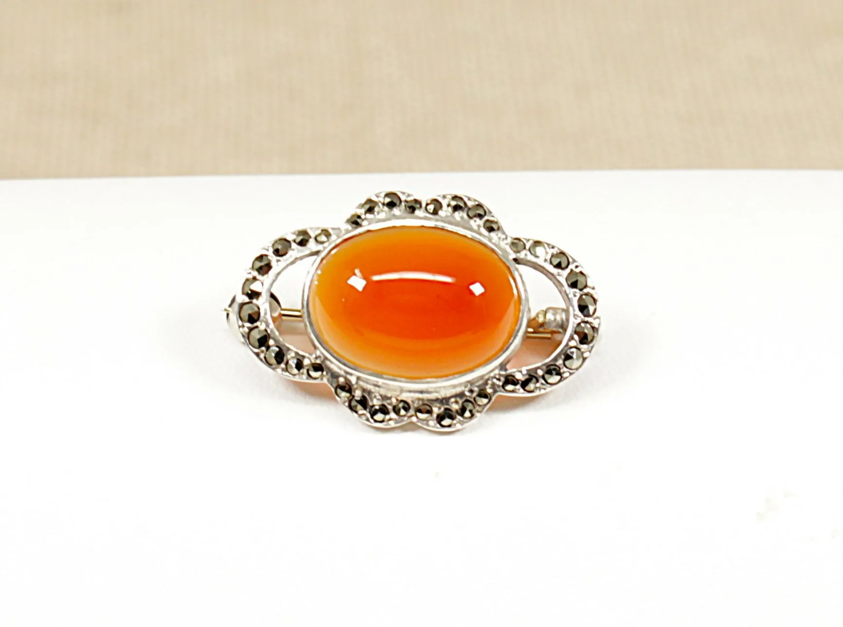 Silver Carnelian and Marcasite Brooch