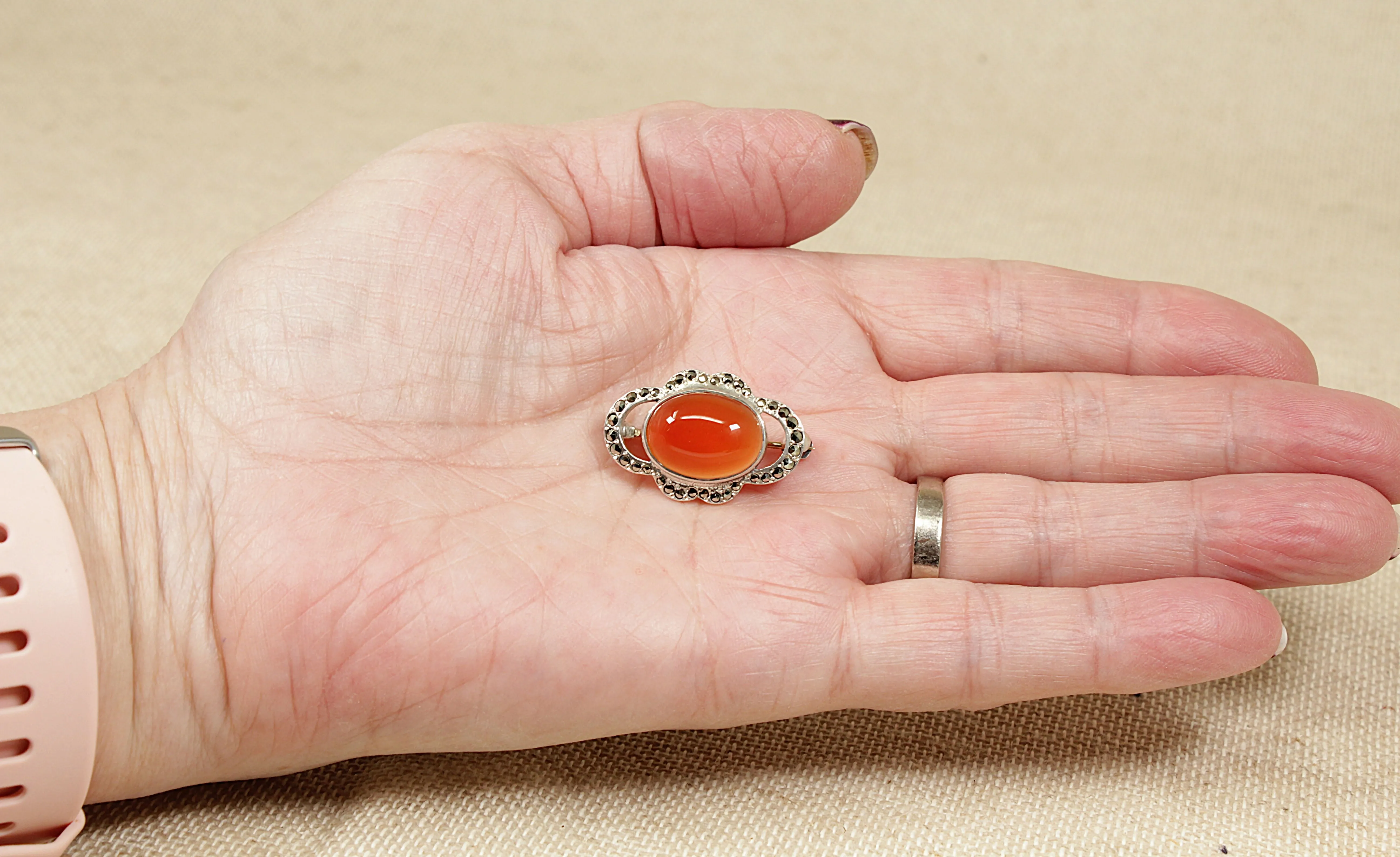 Silver Carnelian and Marcasite Brooch