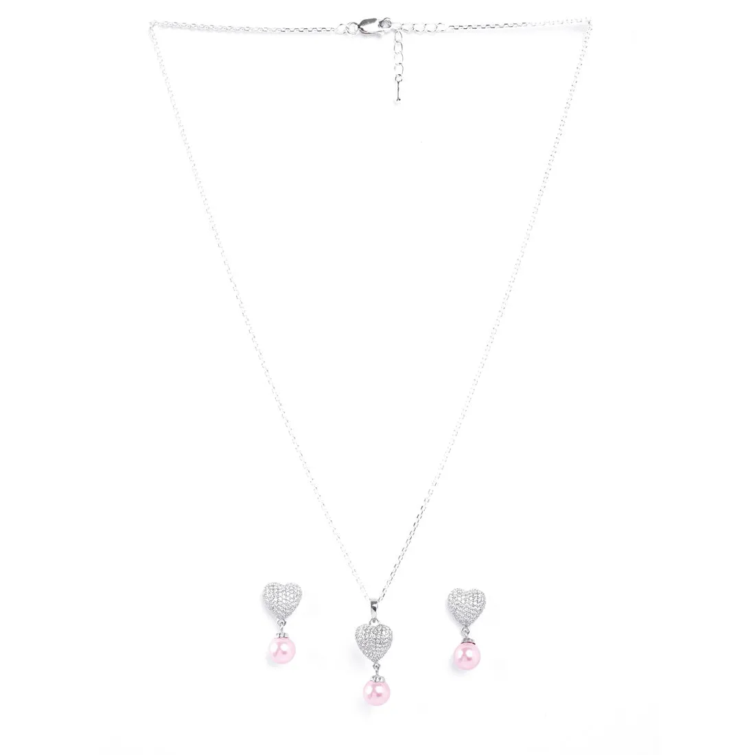 Silver Nazy Pink Pearl Heart Jewellery Set