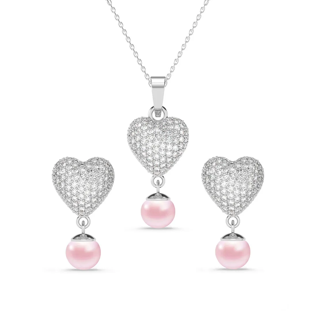 Silver Nazy Pink Pearl Heart Jewellery Set