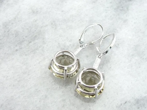 Soft Yellow Quartz Drop Earrings in Decorative White Gold